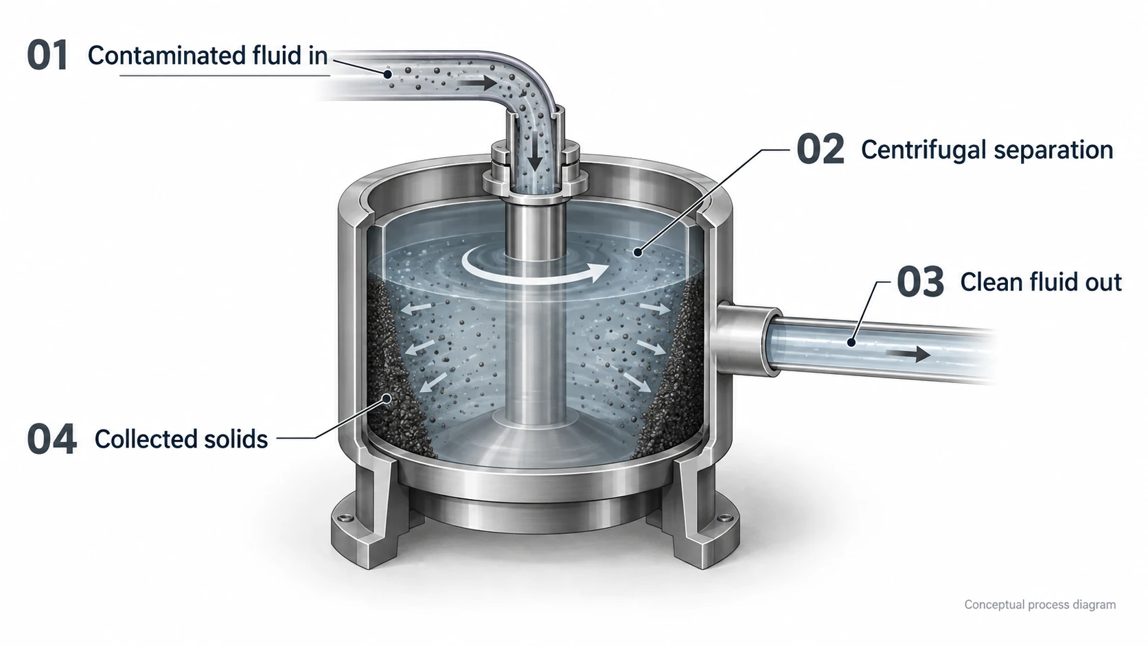 Conceptual coolant centrifuge diagram showing contaminated fluid inlet, centrifugal separation, clean fluid outlet and collected solids