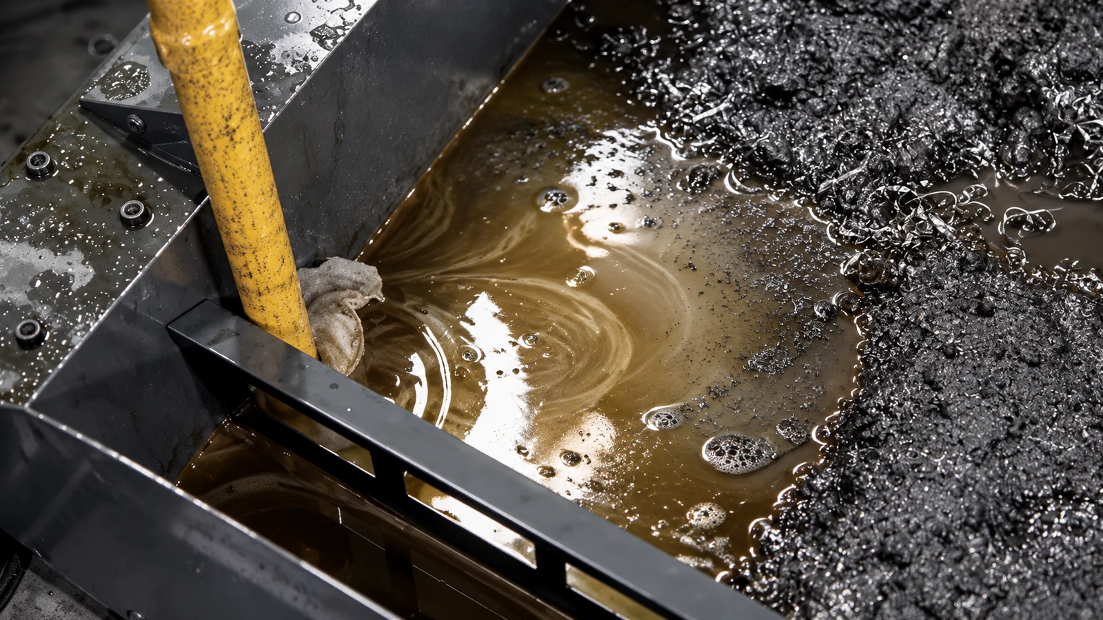 Metal swarf and dark sludge accumulated in an industrial coolant sump