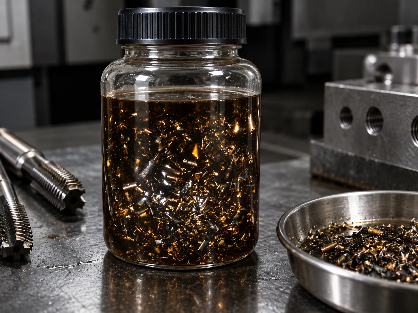 Oil sample containing metal chips beside threading tools